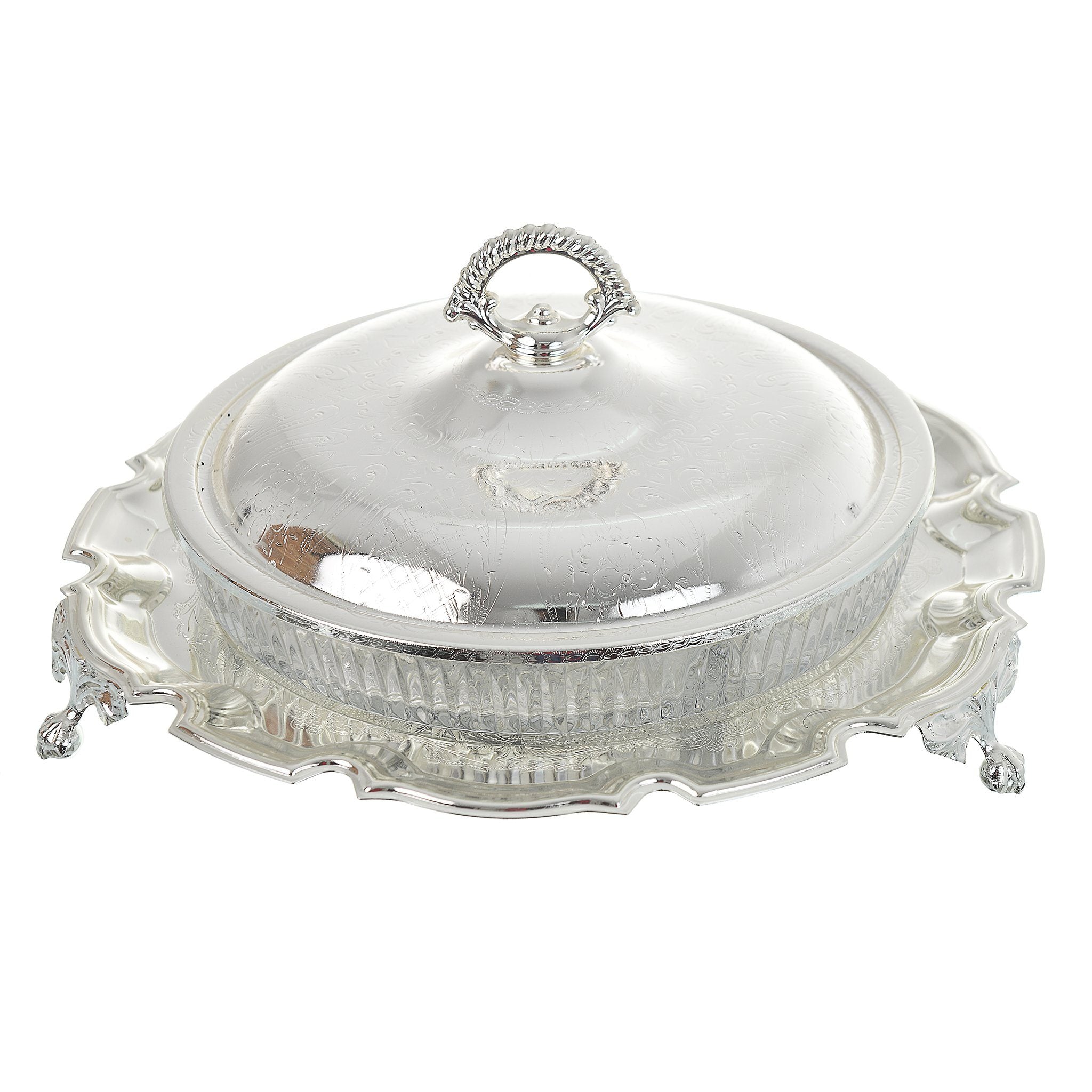 Queen Anne - Round Hors d'oeuvre 5 Parts with Silver Plated Cover & Stand - Silver Plated Metal & Glass - 25cm - 26000445