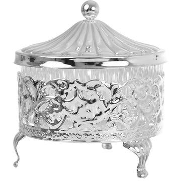 Queen Anne - Round Covered Sugar Pot with Legs - Silver Plated Metal & Glass - 10cm - 26000310