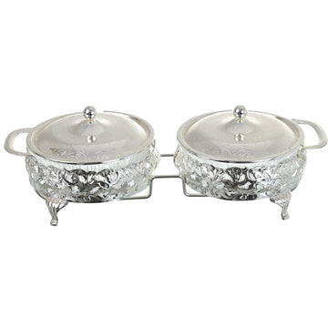Queen Anne - Jam Bowl Set with Silver Plated Stand & Covers 2 Pieces - Silver Plated Metal & Glass - 26x12cm - 26000454