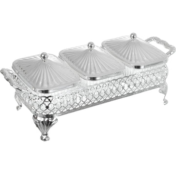 Queen Anne - Rectangular Bowl Set with Silver Plated Stand 3 Pieces - Silver Plated Metal & Glass - 30x13.5cm - 26000428