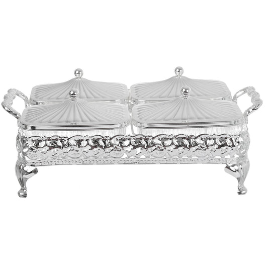 Queen Anne - Rectangular Bowl Set with Silver Plated Stand 4 Pieces - Silver Plated Metal & Glass - 31x18cm - 26000332