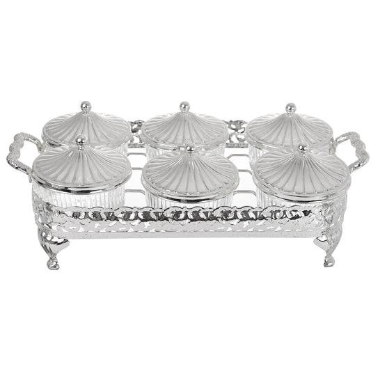 Queen Anne - Round Bowl Set with Silver Plated Stand 6 Pieces - Silver Plated Metal & Glass - 37.5x20.5cm - 26000338