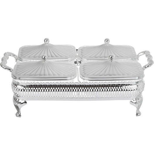 Queen Anne - Rectangular Bowl Set with Silver Plated Stand 4 Pieces - Silver Plated Metal & Glass - 31x18cm - 26000331