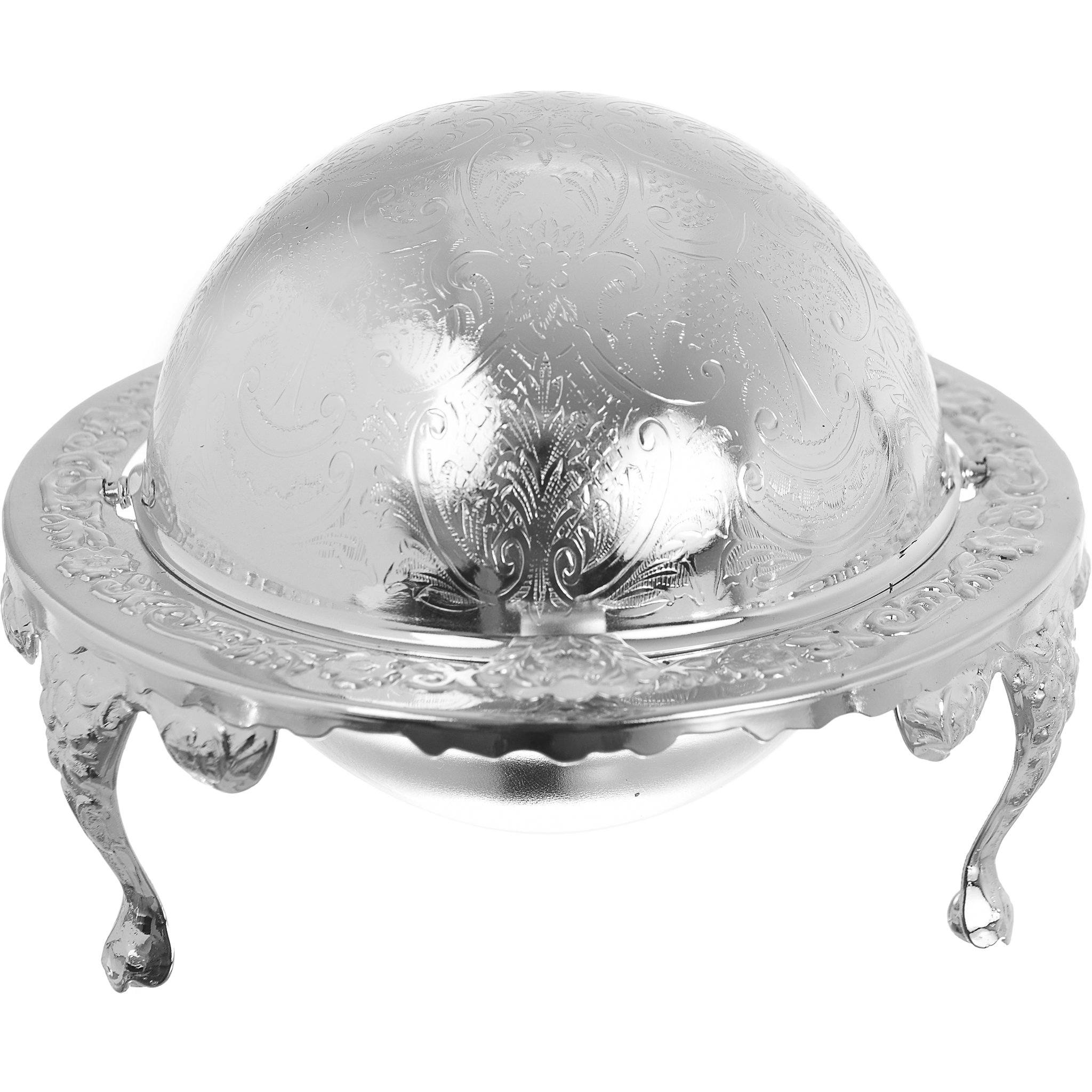 كوين آن - طبق زبدة دائري بغطاء وأرجل - معدن وزجاج مطلي بالفضة - 14x11 سم - 26000260