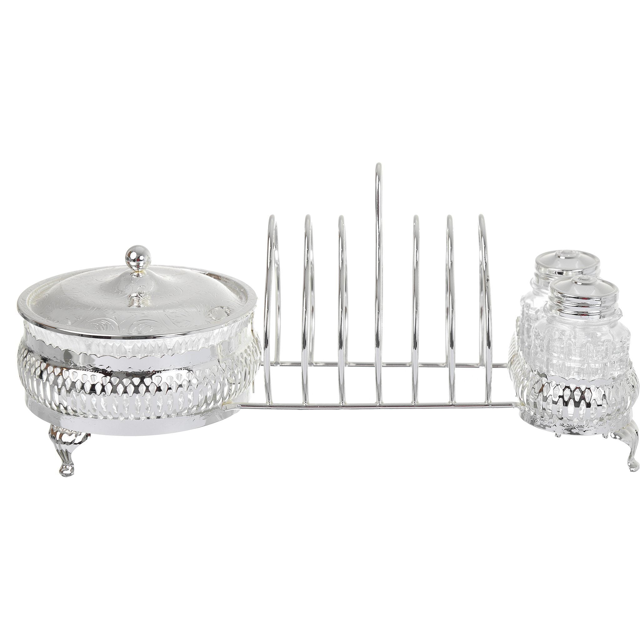 Queen Anne - Toast Rack with Butter Dish & Salt & Pepper Shakers - Silver Plated Metal with Glass - 26000435