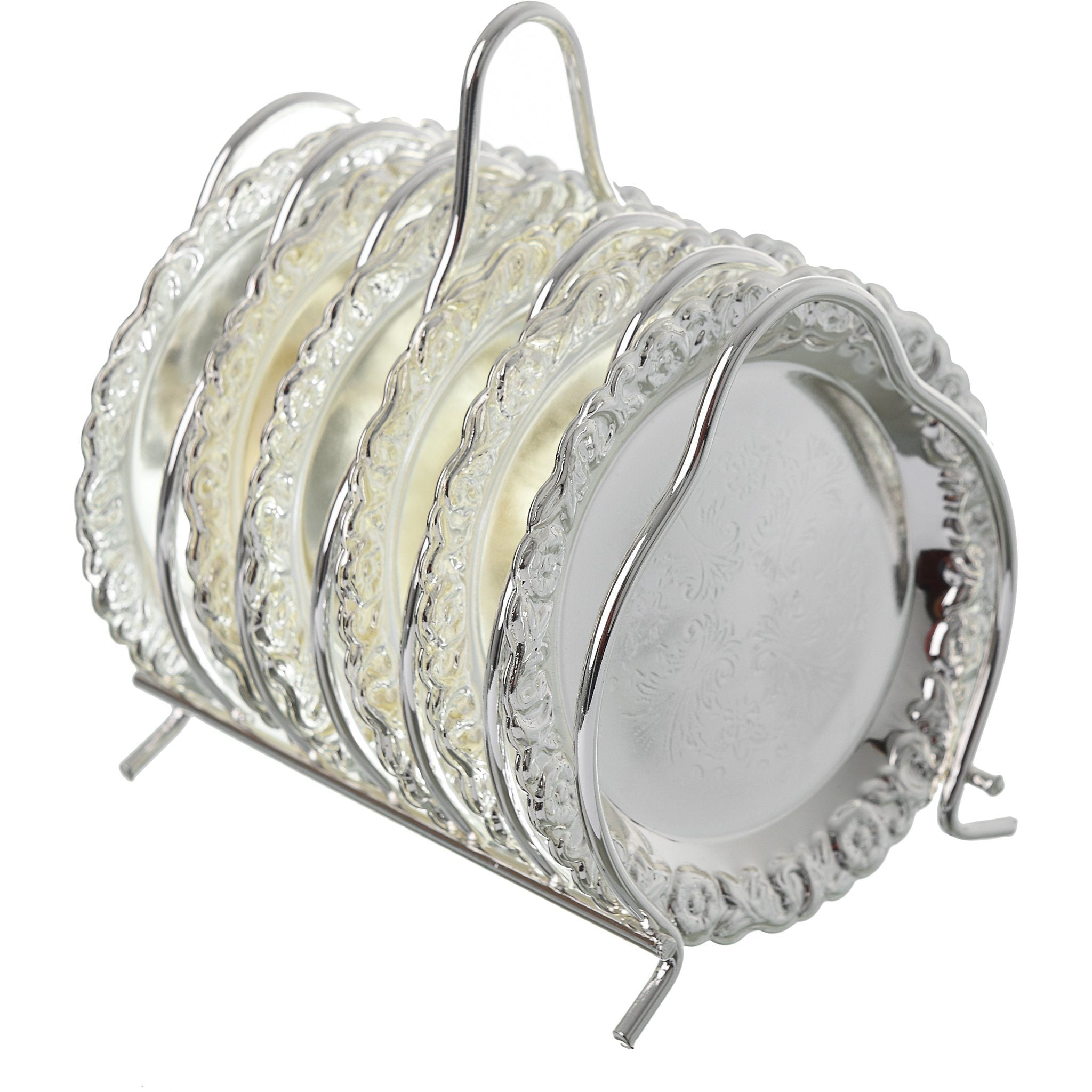 Queen Anne - Round Floral Edged Coaster with Stand 6 Pieces - Silver Plated Metal - 9.4cm - 26000209