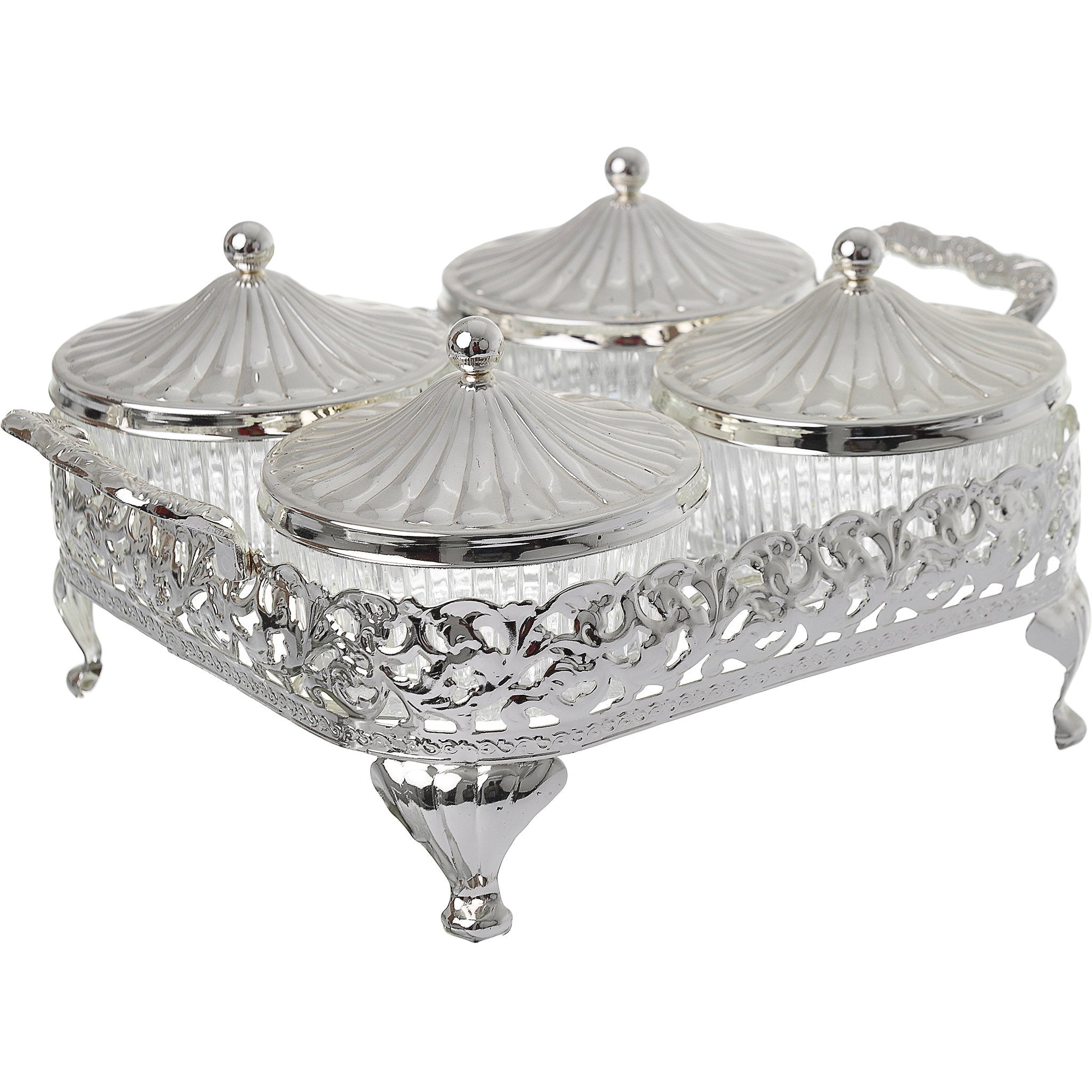 Queen Anne - Round Bowl Set with Silver Plated Stand 4 Pieces - Silver Plated Metal & Glass - 26x21cm - 26000420