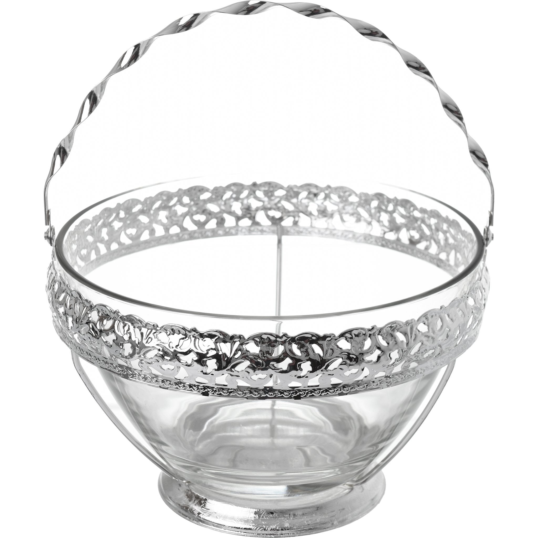 Queen Anne - Large Glass Fruit Bowl with Silver Plated Frame & Wavy Handle - Silver Plated Metal & Glass - 24.5x16.5cm - 26000308