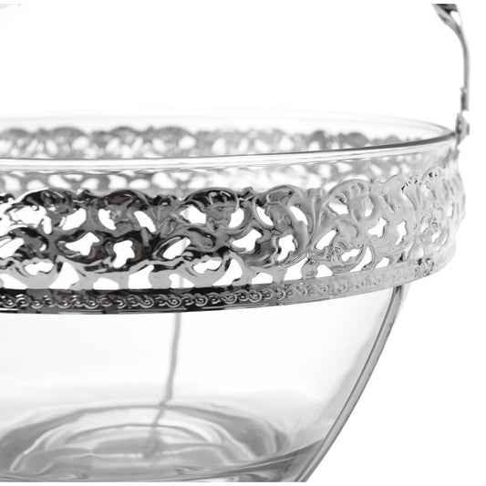 Queen Anne - Large Glass Fruit Bowl with Silver Plated Frame & Wavy Handle - Silver Plated Metal & Glass - 24.5x16.5cm - 26000308
