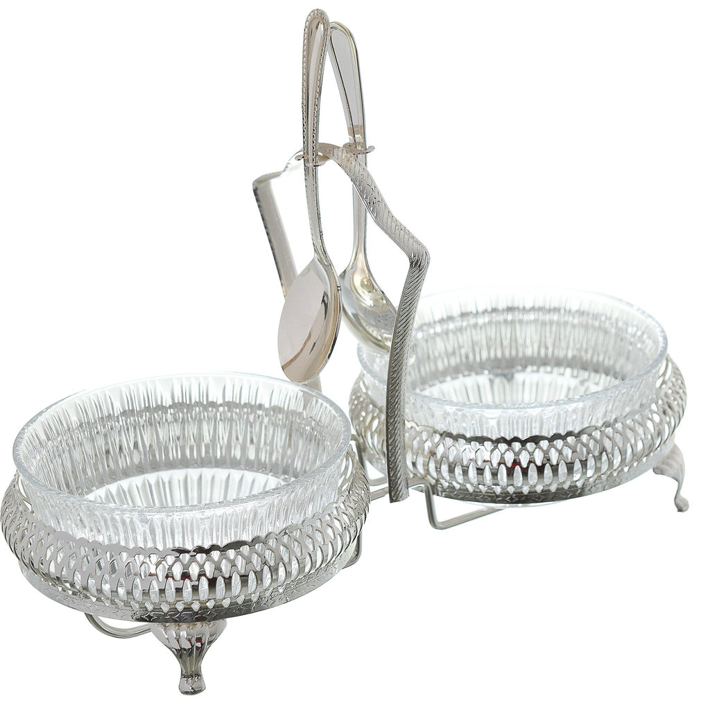 Queen Anne - Jam Bowl Set with Spoons & Silver Plated Stand 2 Pieces - Silver Plated Metal & Glass - 26x12cm - 26000455