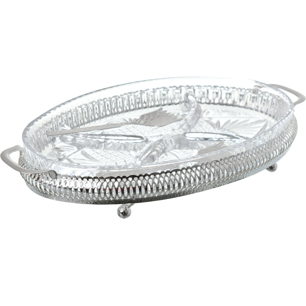 Queen Anne - Oval Hors d'oeuvre 4 Parts with 2 Serving Forks - Silver Plated Metal & Glass - 31x20cm - 26000344