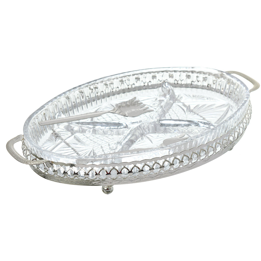 Queen Anne - Oval Hors d'oeuvre 4 Parts with 2 Serving Forks - Silver Plated Metal & Glass - 31x20cm - 26000407