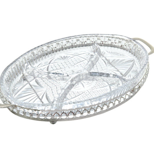 Queen Anne - Oval Hors d'oeuvre 4 Parts with 2 Serving Forks - Silver Plated Metal & Glass - 31x20cm - 26000407