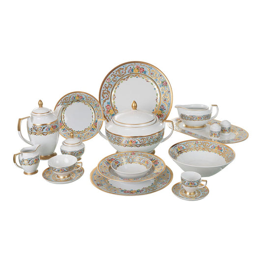 Falkenporzellan - Dinner Set 112 Pieces - Porcelain - Light Blue, Flowers & Gold - 1300055