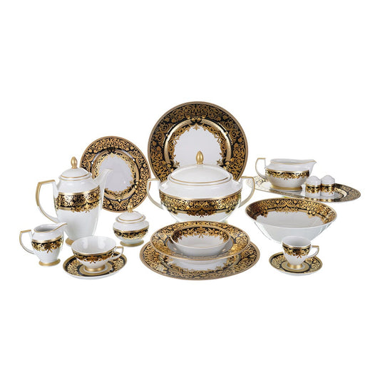Falkenporzellan - Dinner Set  112 Pieces - Porcelain - Black & Gold - 1300030