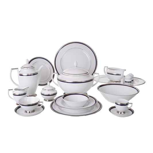 Falkenporzellan - Dinner Set 112 Pieces - Porcelain - Blue & Silver - 1300032