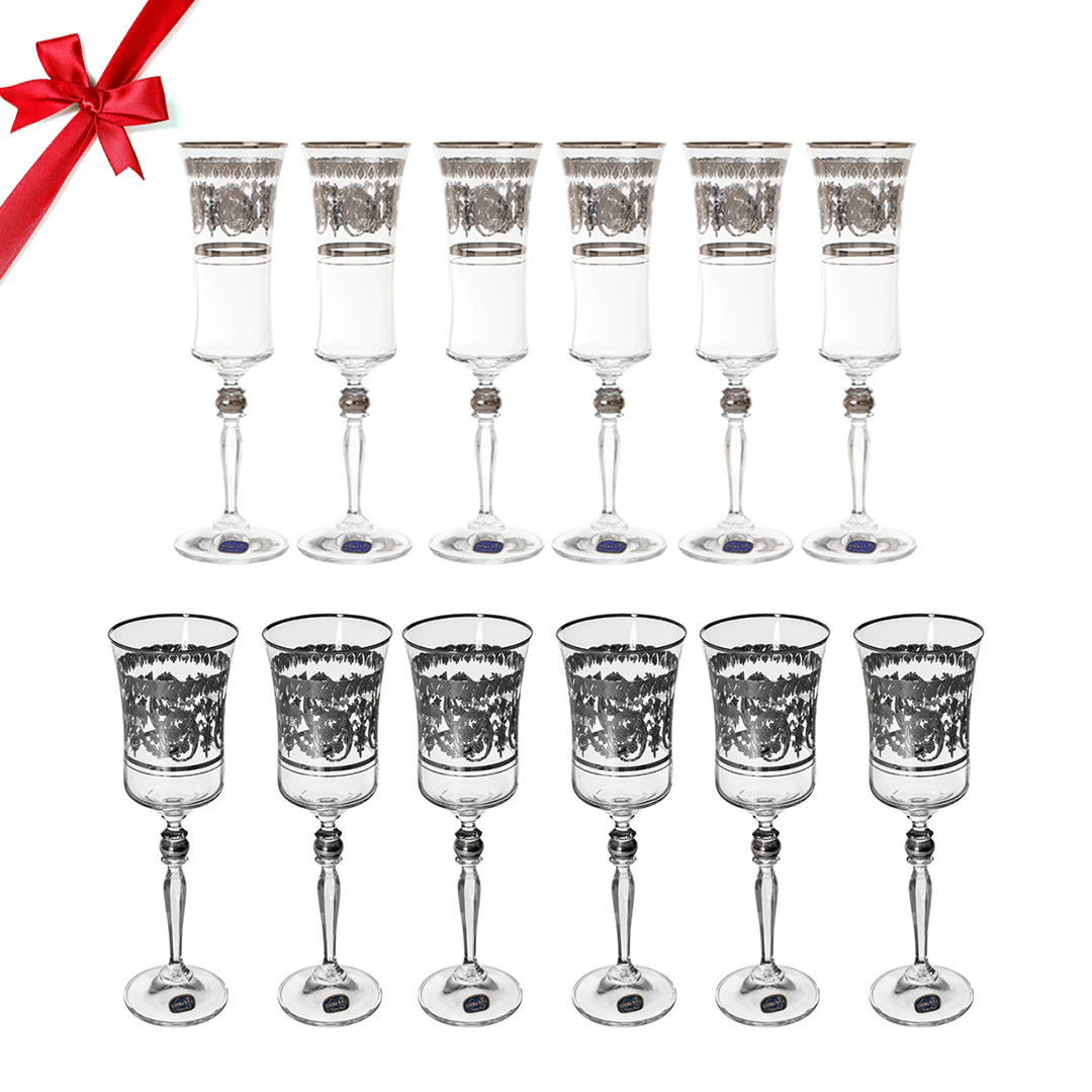 Bohemia Crystal - Flute & Goblet Glass Set 12 Pieces - Silver - 150ml & 220ml