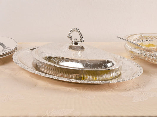 Queen Anne - Oval Hors d'oeuvre 4 Parts with Tray - Silver Plated Metal & Glass - 31x20cm- 26000451