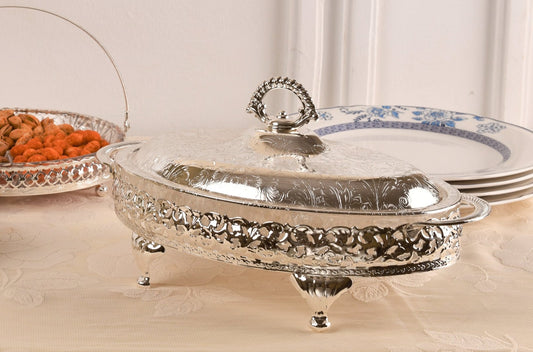 Queen Anne - Oval Hors d'oeuvre 4 Parts with Silver Plated Cover - Silver Plated Metal & Glass - 33x20cm - 26000418